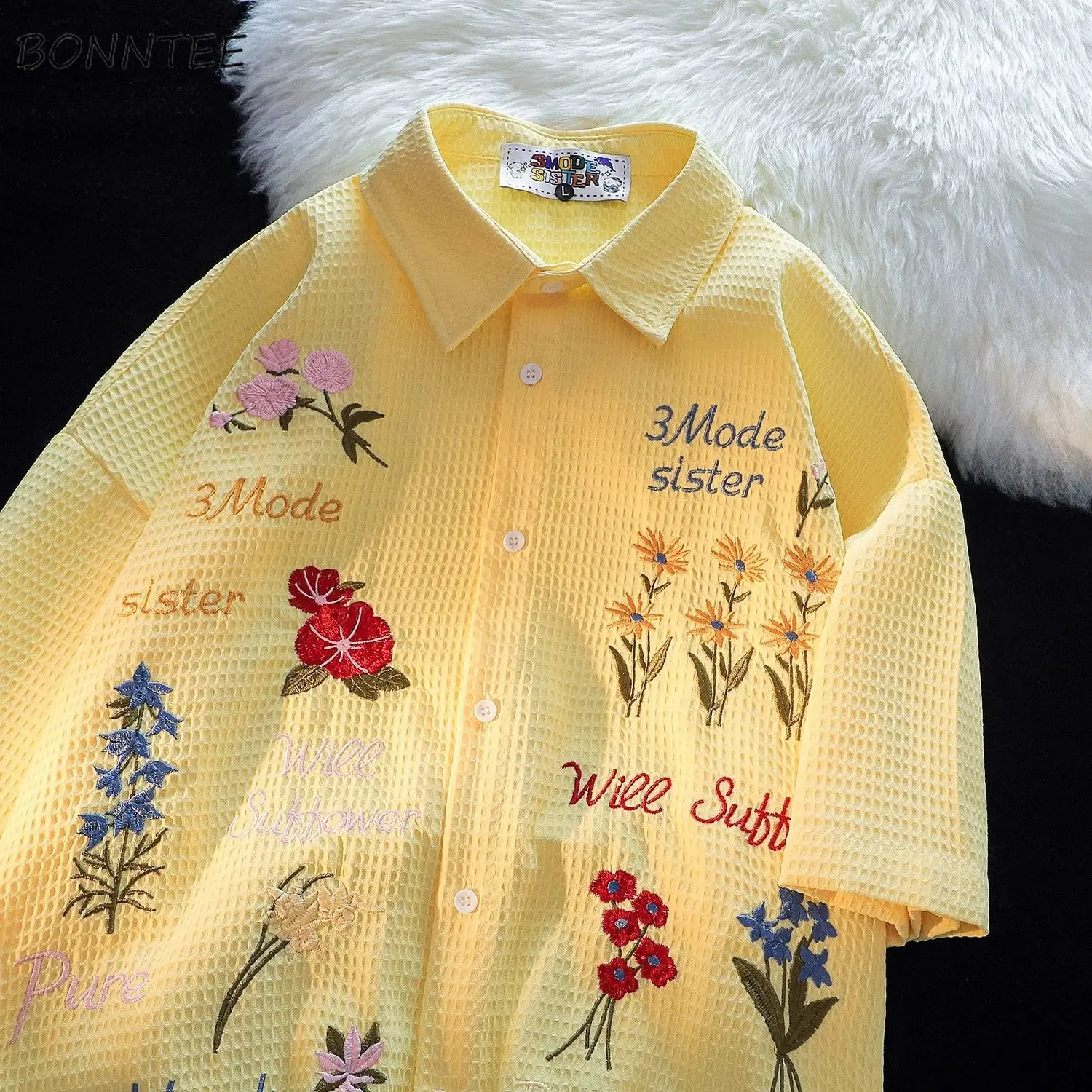 Summer Clothing Holiday - Waffle Floral Embroidery Shirts Women Loose