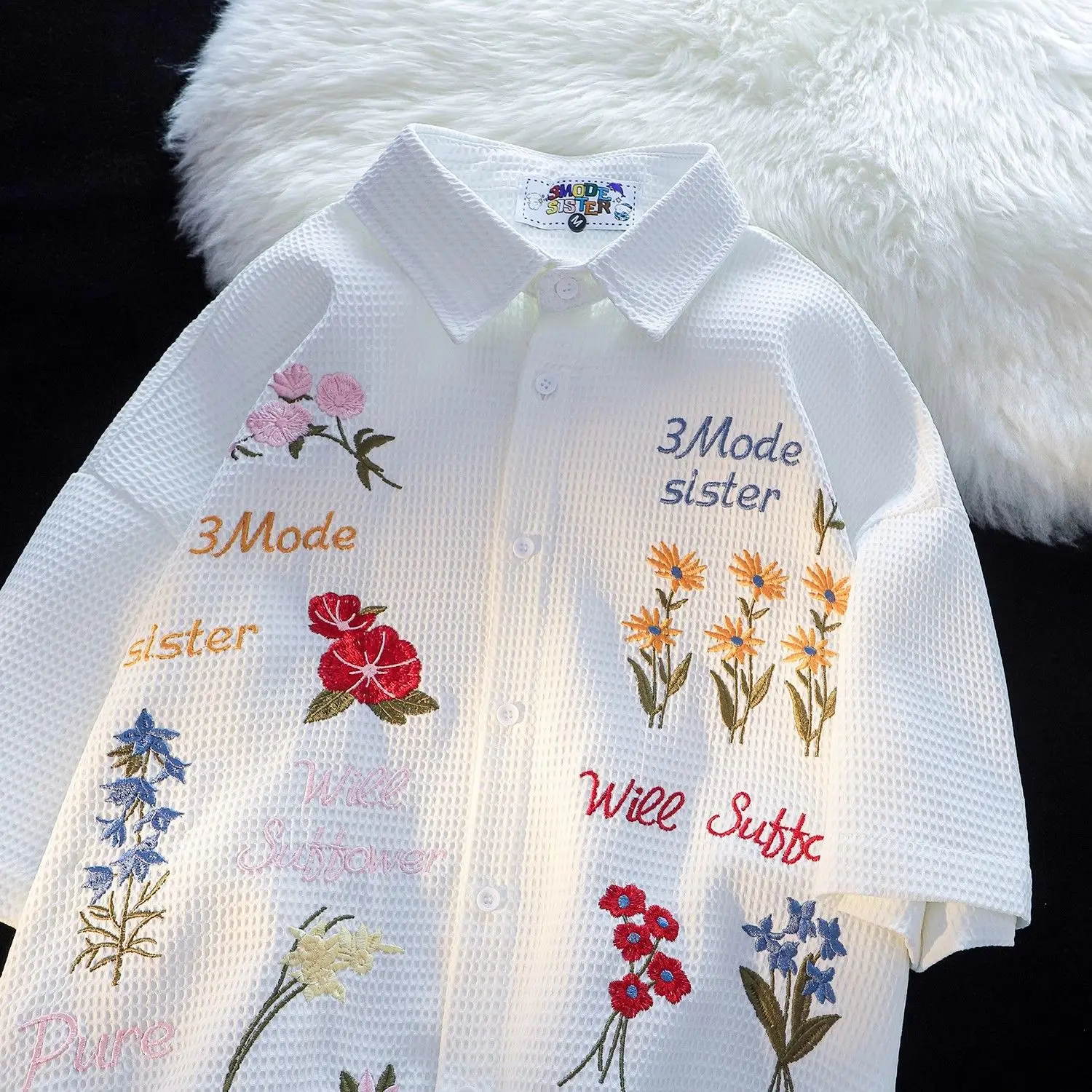 Waffle Floral Embroidery Shirt - Summer Clothing Holiday 评论和价格
