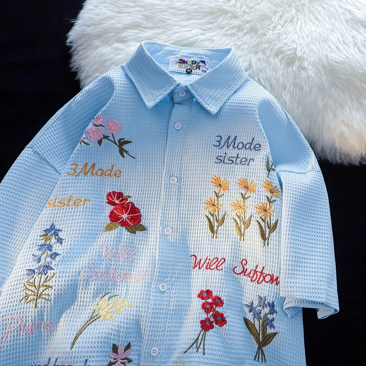 Waffle Floral Embroidery Shirt - Summer Clothing Holiday 评论和价格