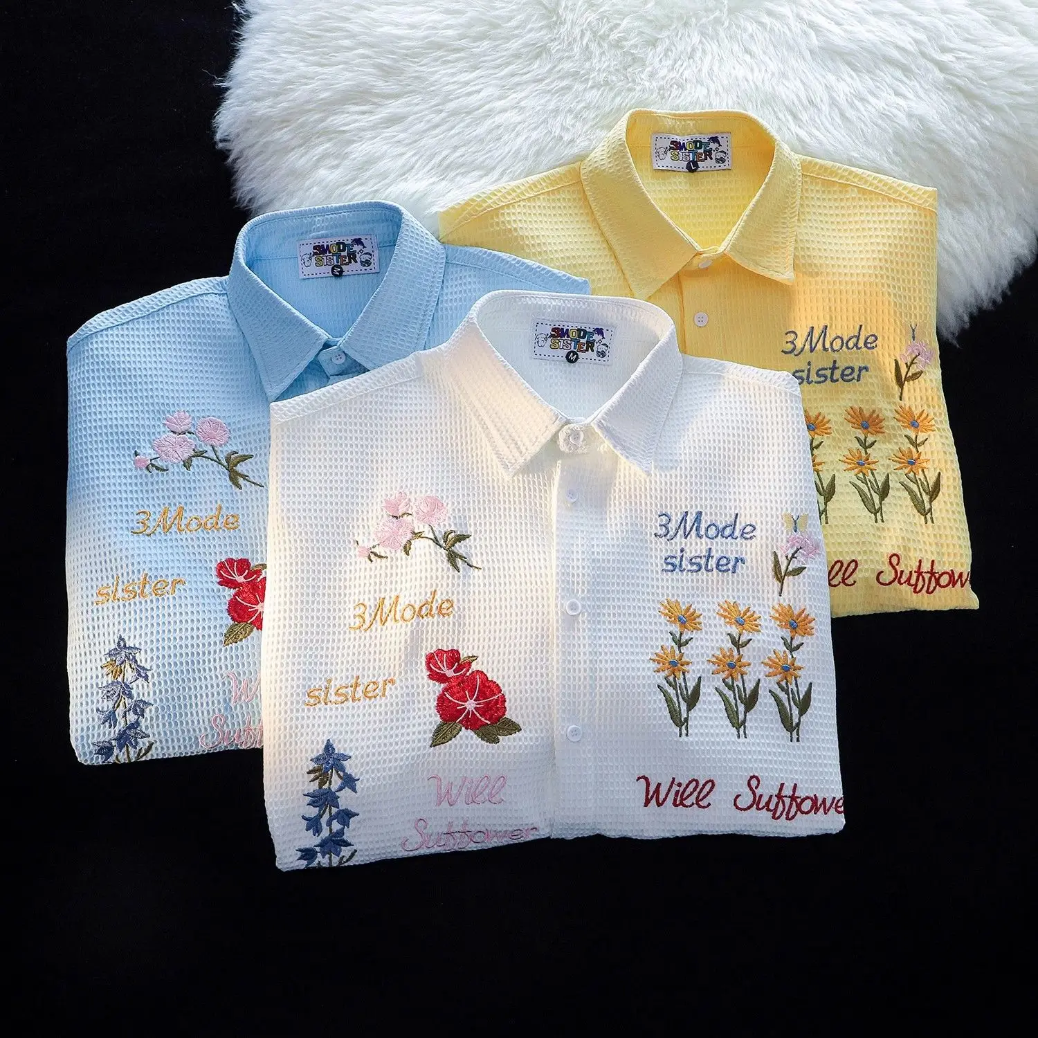 Waffle Floral Embroidery Shirt - Summer Clothing Holiday 评论和价格
